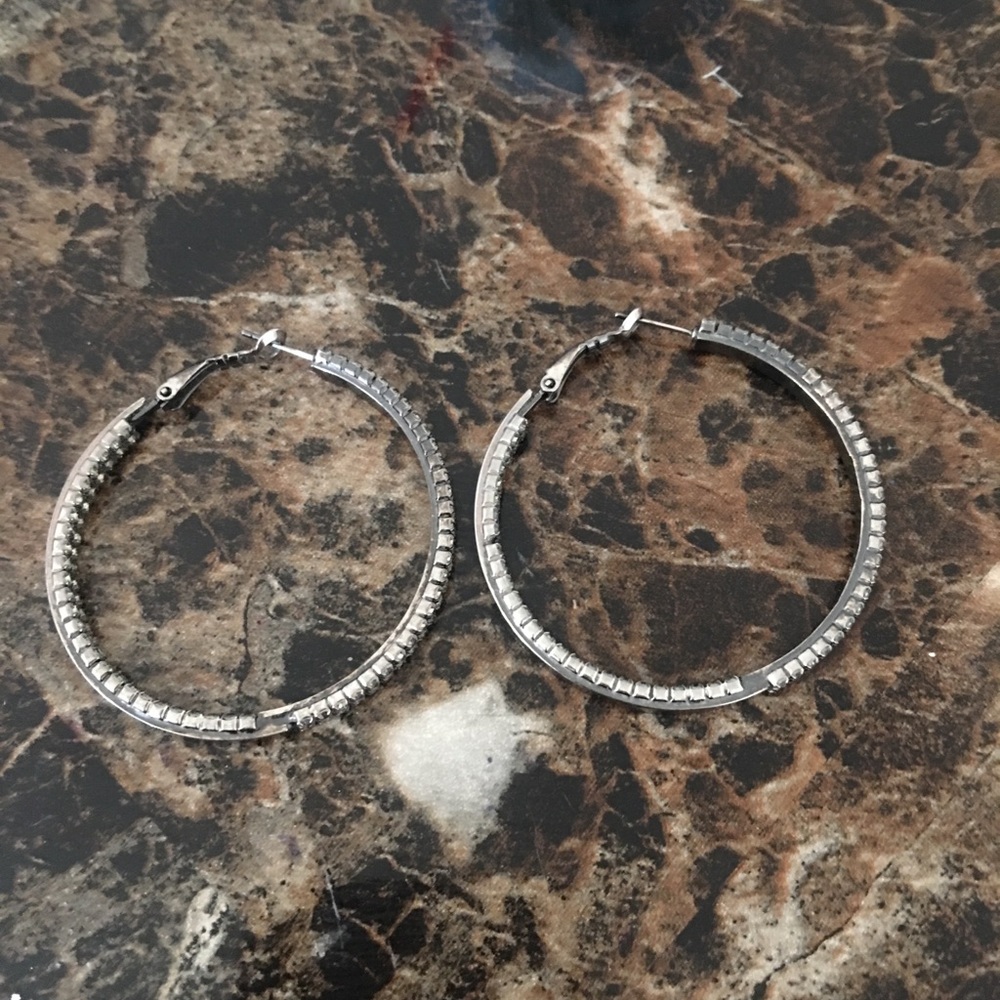 Gray metal rhinestone hooped earrings